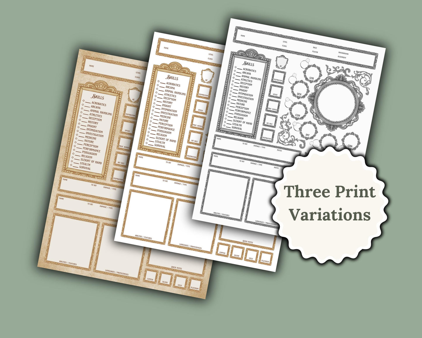 Color variants for character sheet with label 'three print variations'. Colors are black and white, colored with white background, and colored with parchment background.