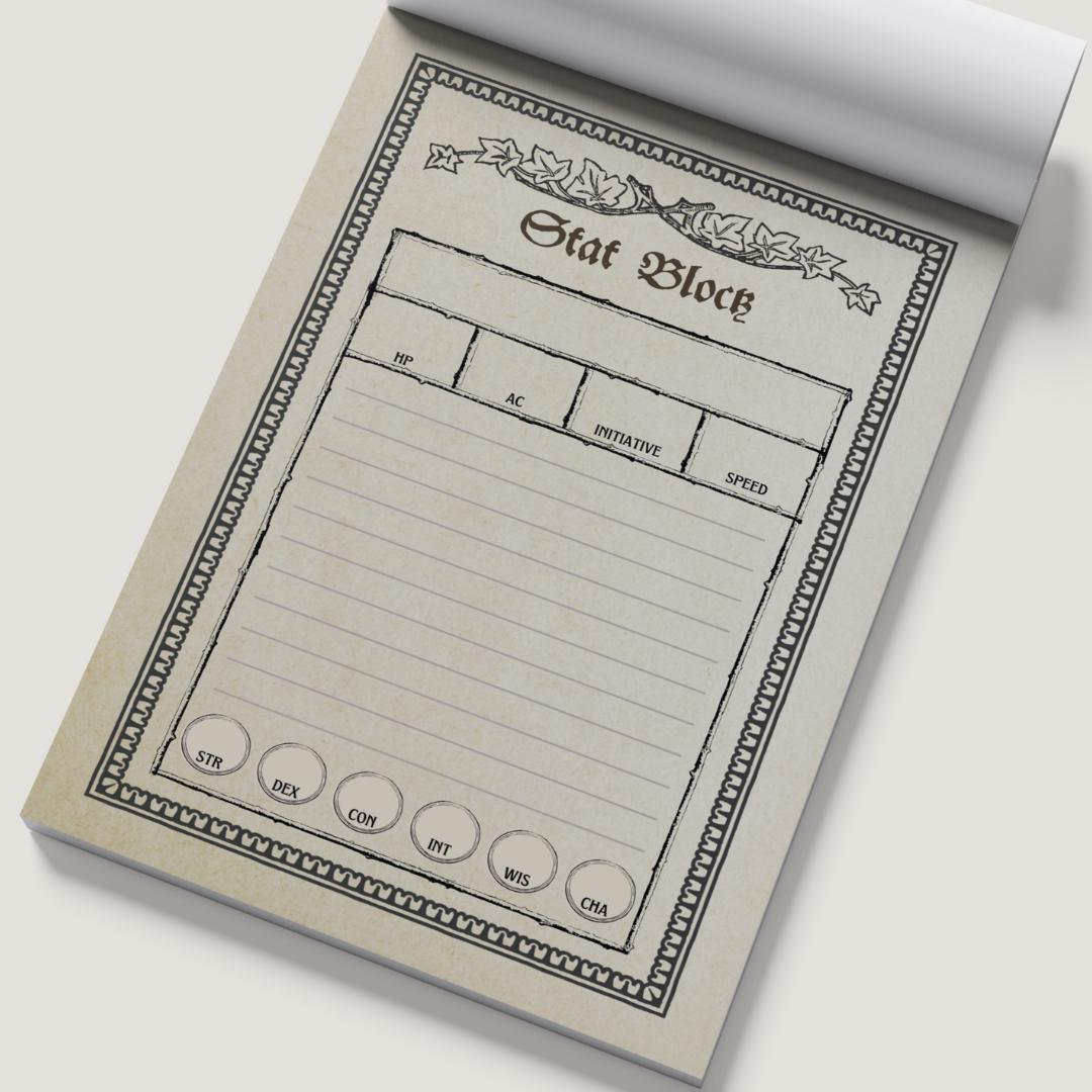 Notebook with a pre-printed stat block template on a white background