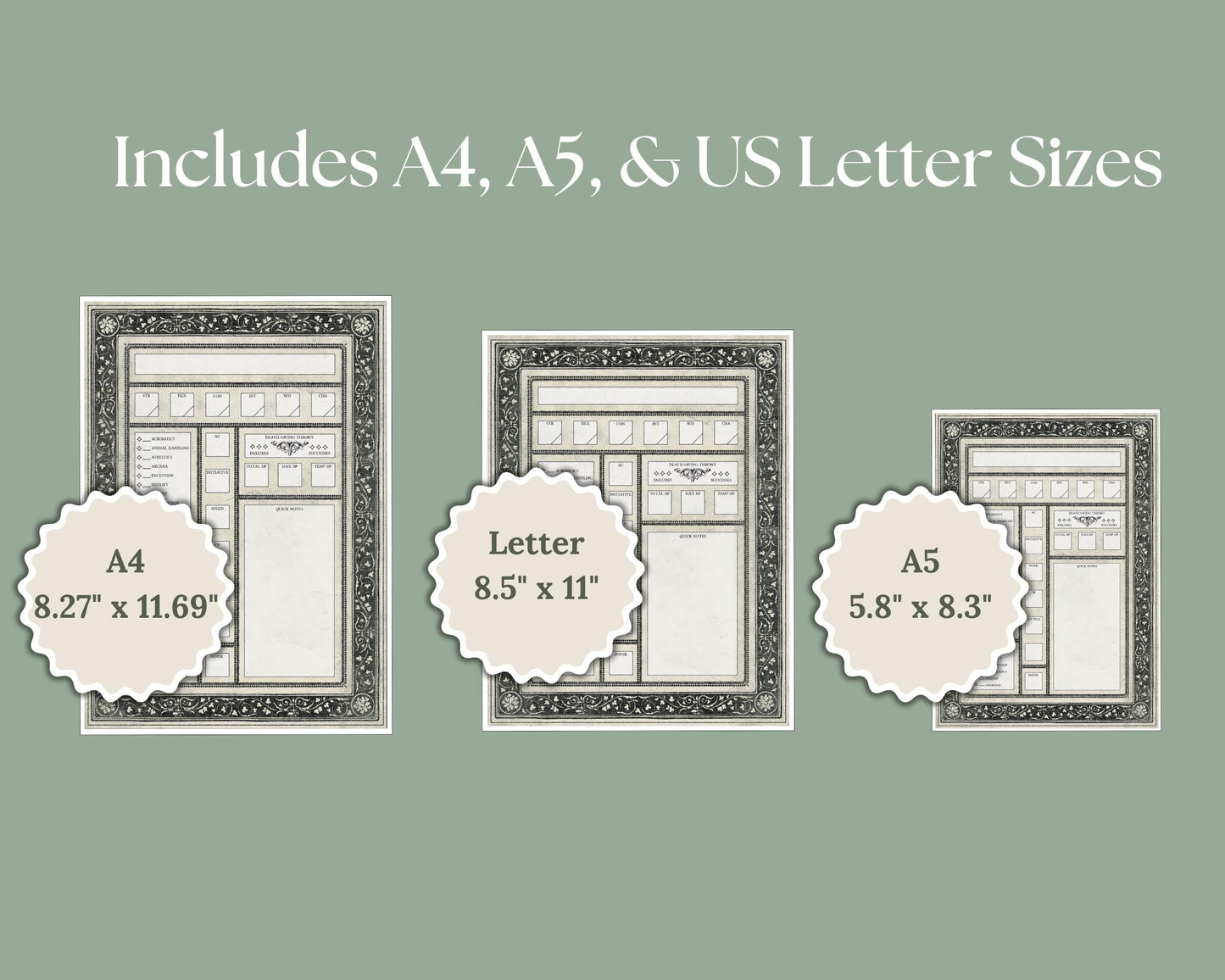 Dungeons & Dragons Character sheet size variations