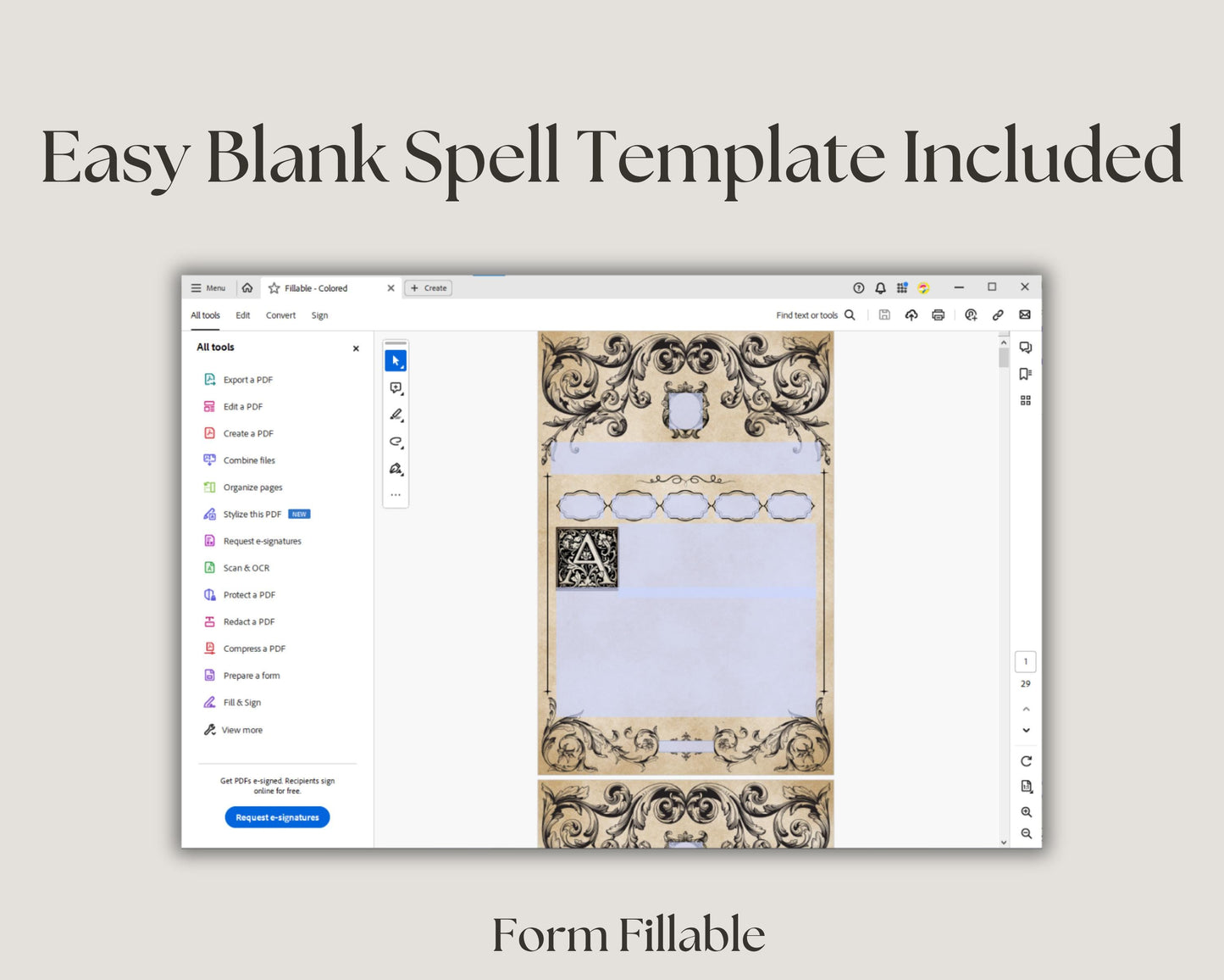 Computer screen displaying a form fillable spell card template