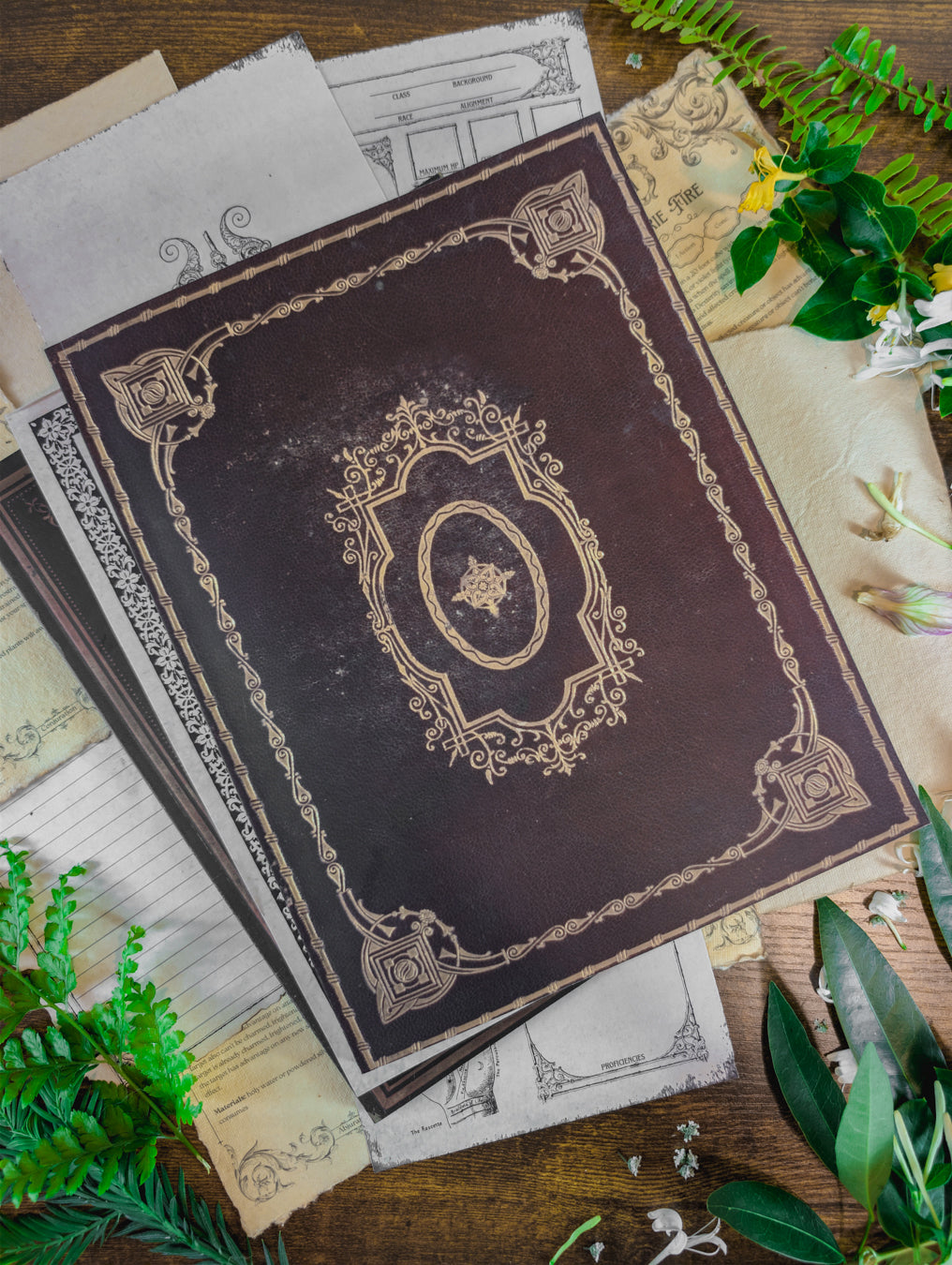 An ornate gothic dnd notebook with open pages and a gold border cover with words 'dm session planner'