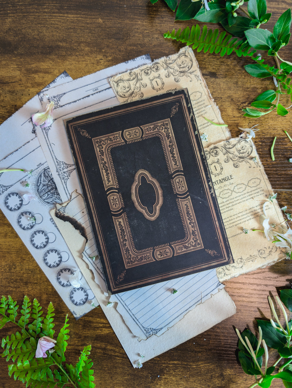 an open gothic dnd character journal next to an ornate gold and black book cover