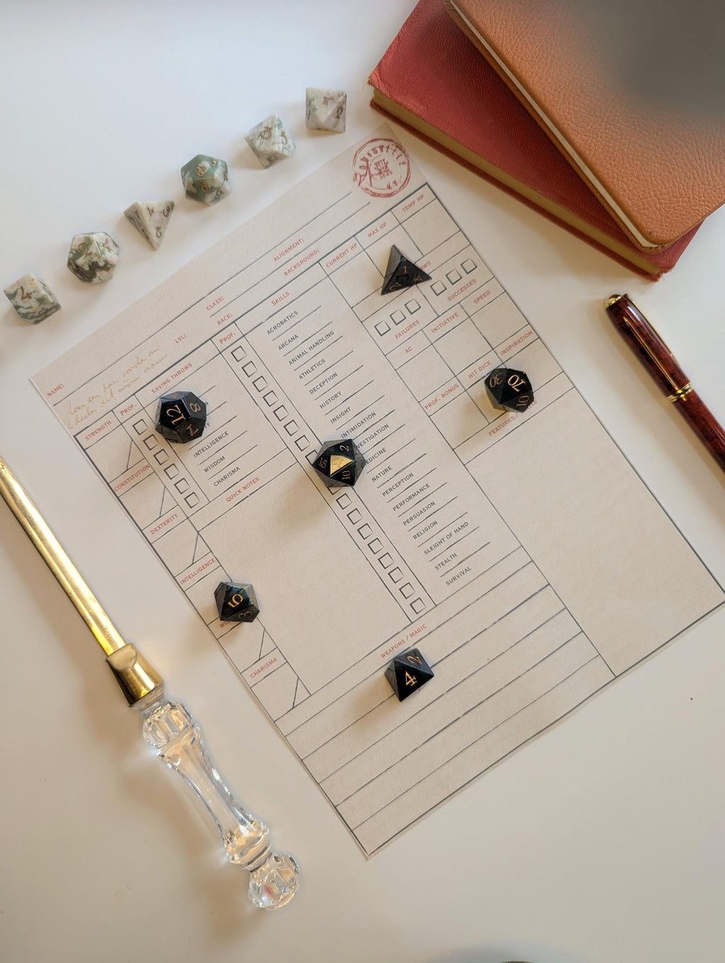 Game dice and a sheet of paper with game rules on a table