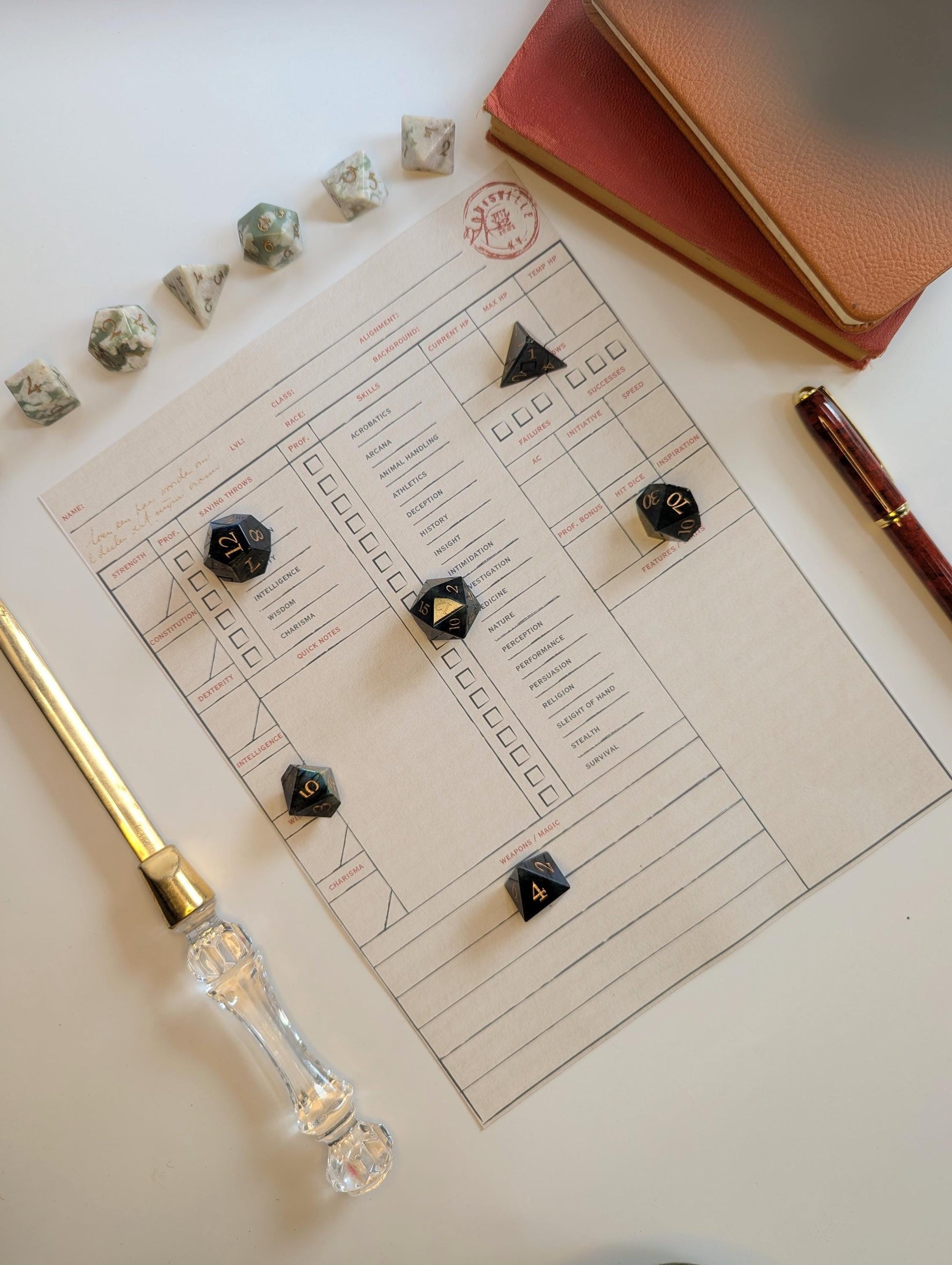 Game dice and a sheet of paper with game rules on a table