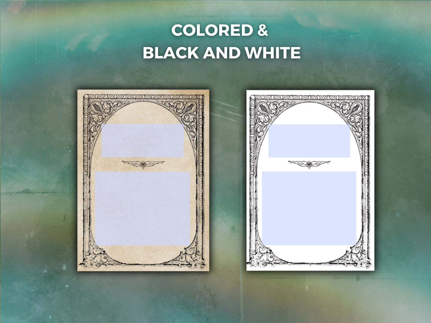 One black and white, and one parchment colored ttrpg quest card
