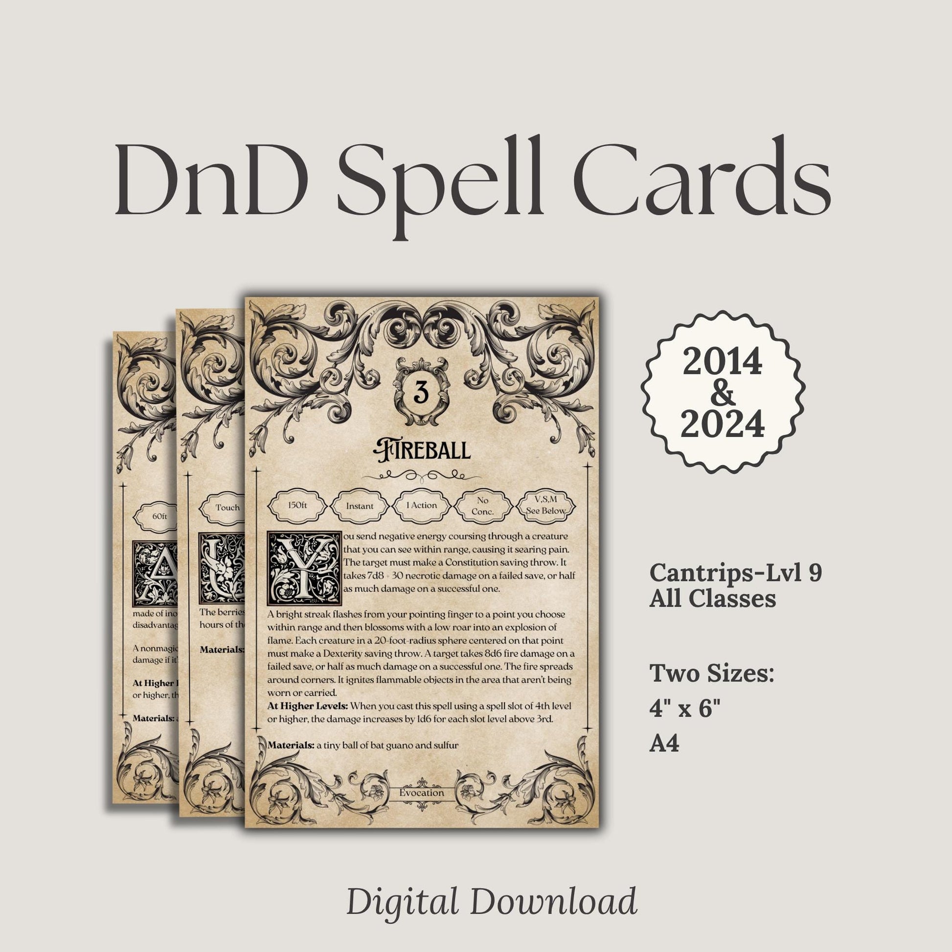 2014 & 2024 D&D Spell Cards with decorative design and text - digital download