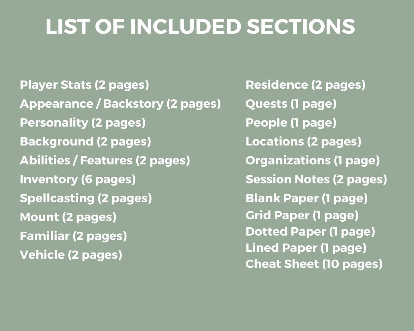 List of included sections
