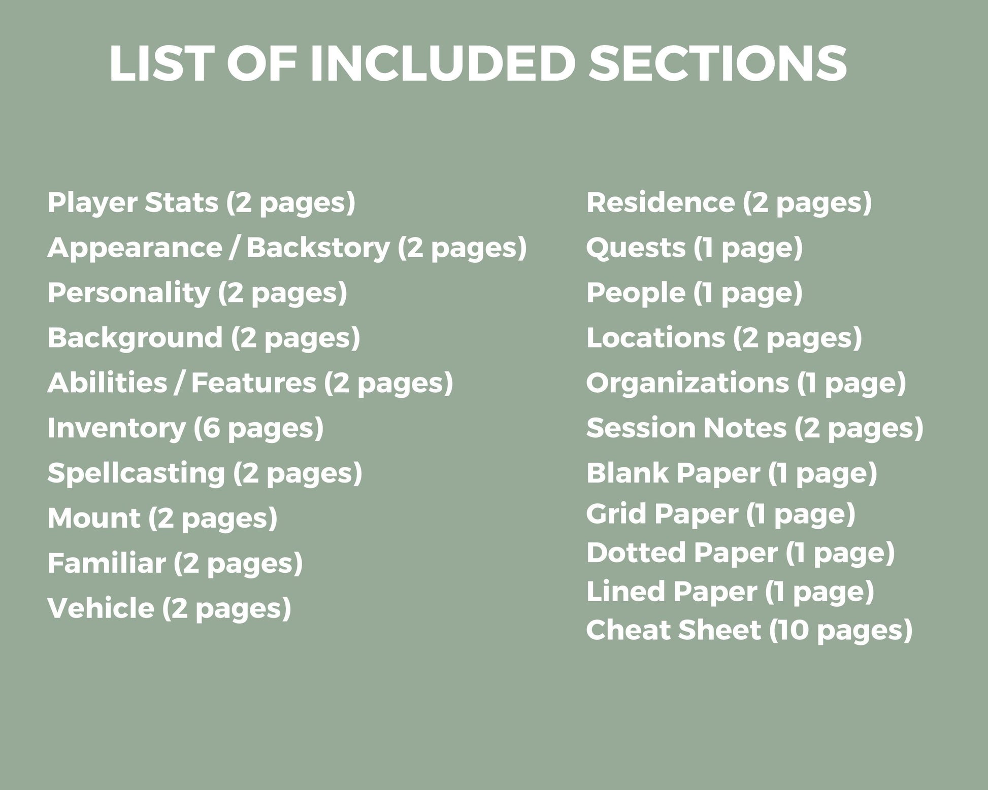 List of included sections