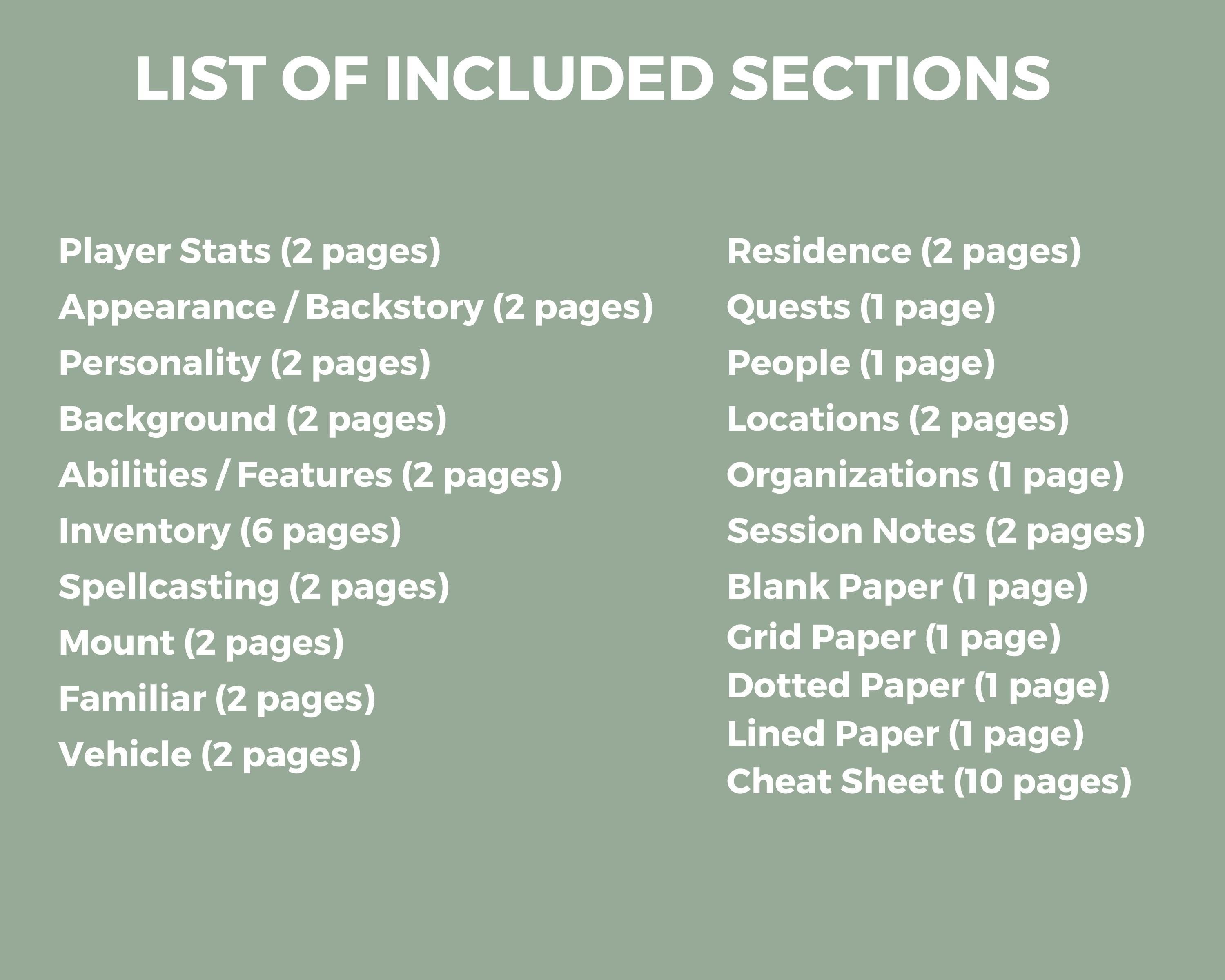 List of included sections