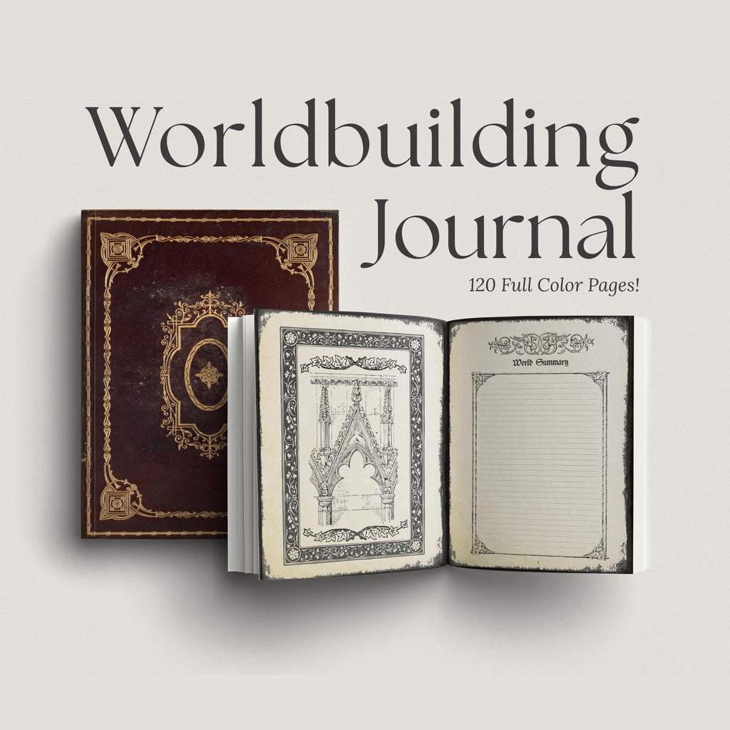 DnD Worldbuilding Journal with ornate cover and open pages