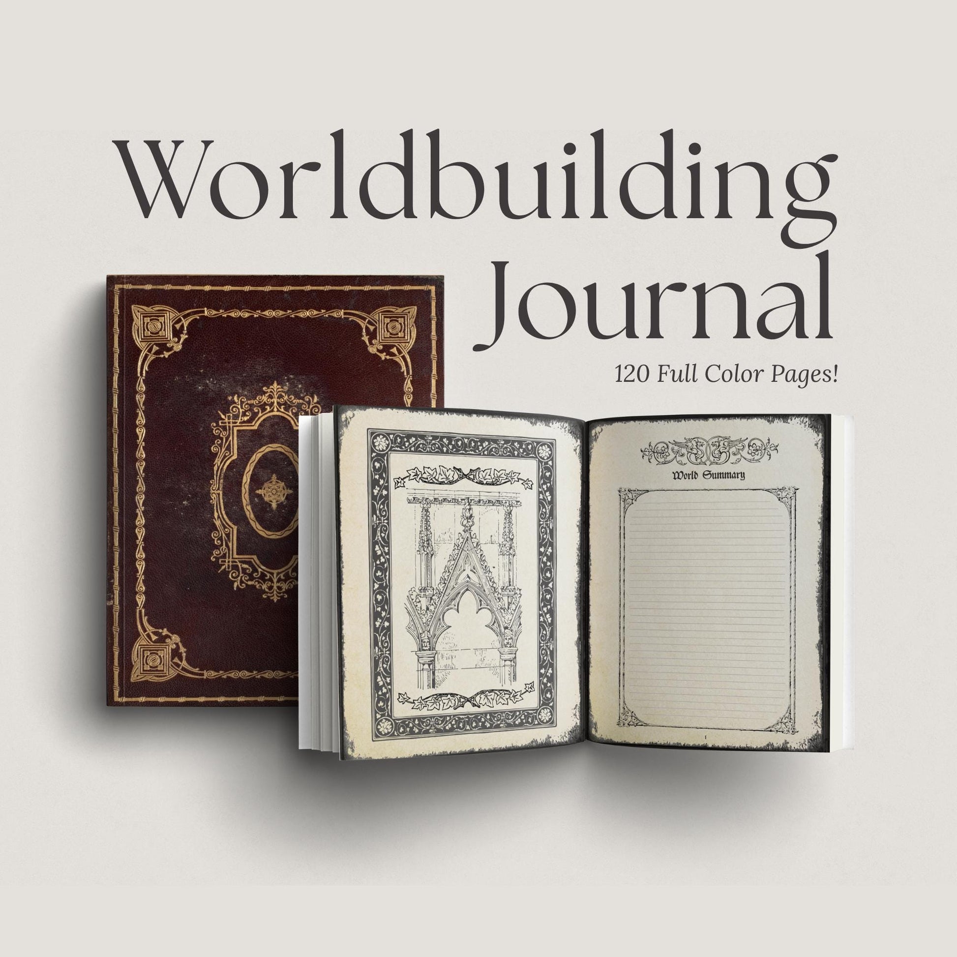DnD Worldbuilding Journal with ornate cover and open pages