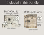 Promotional graphic for DnD Gothic Campaign Journal and DnD Spell Cards digital downloads.