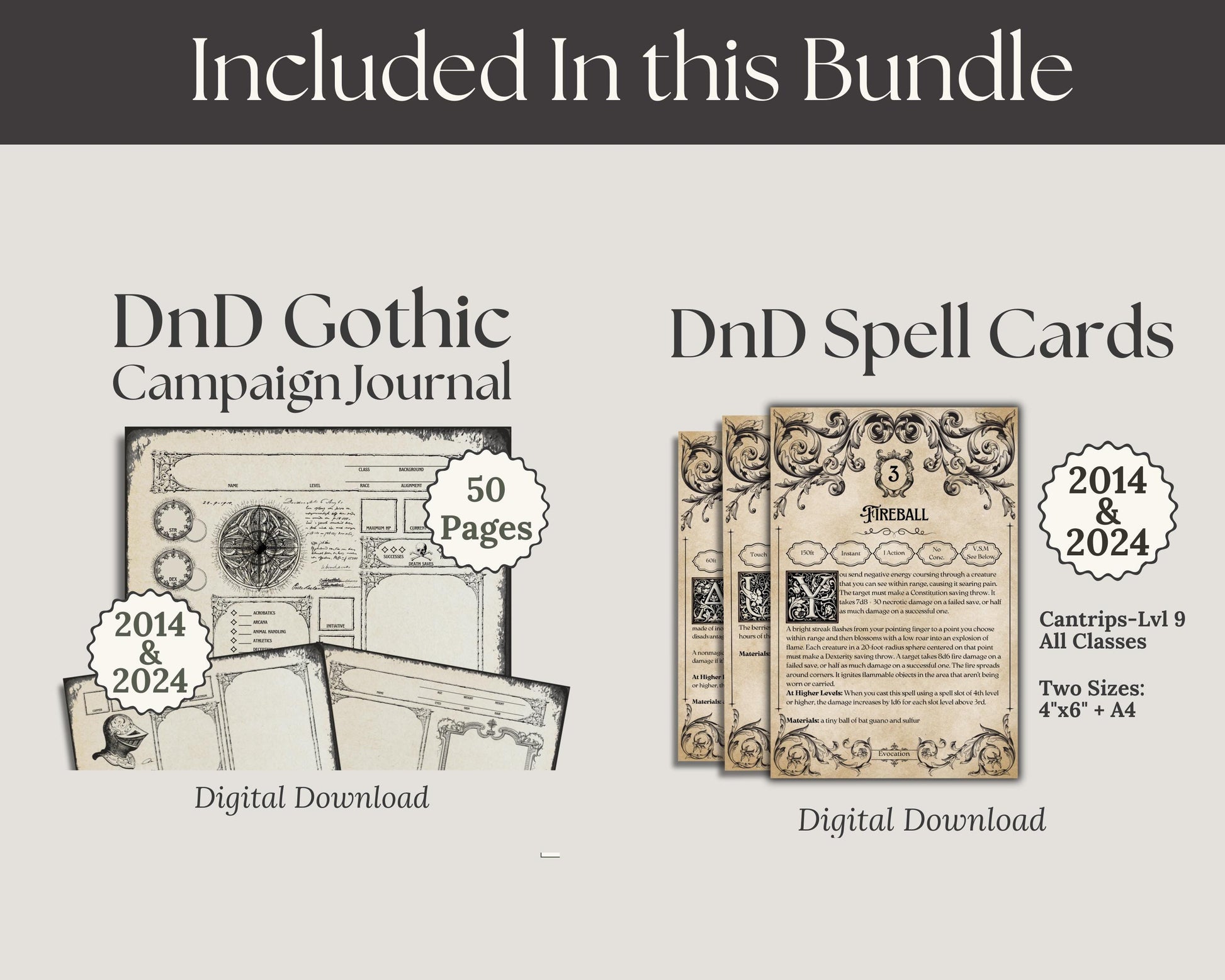 Promotional graphic for DnD Gothic Campaign Journal and DnD Spell Cards digital downloads.