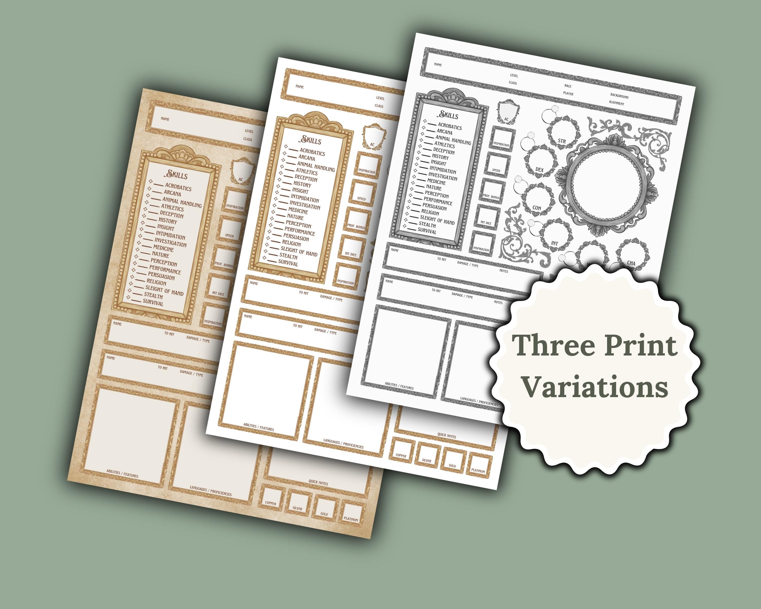 Color variants for character sheet with label 'three print variations'. Colors are black and white, colored with white background, and colored with parchment background.