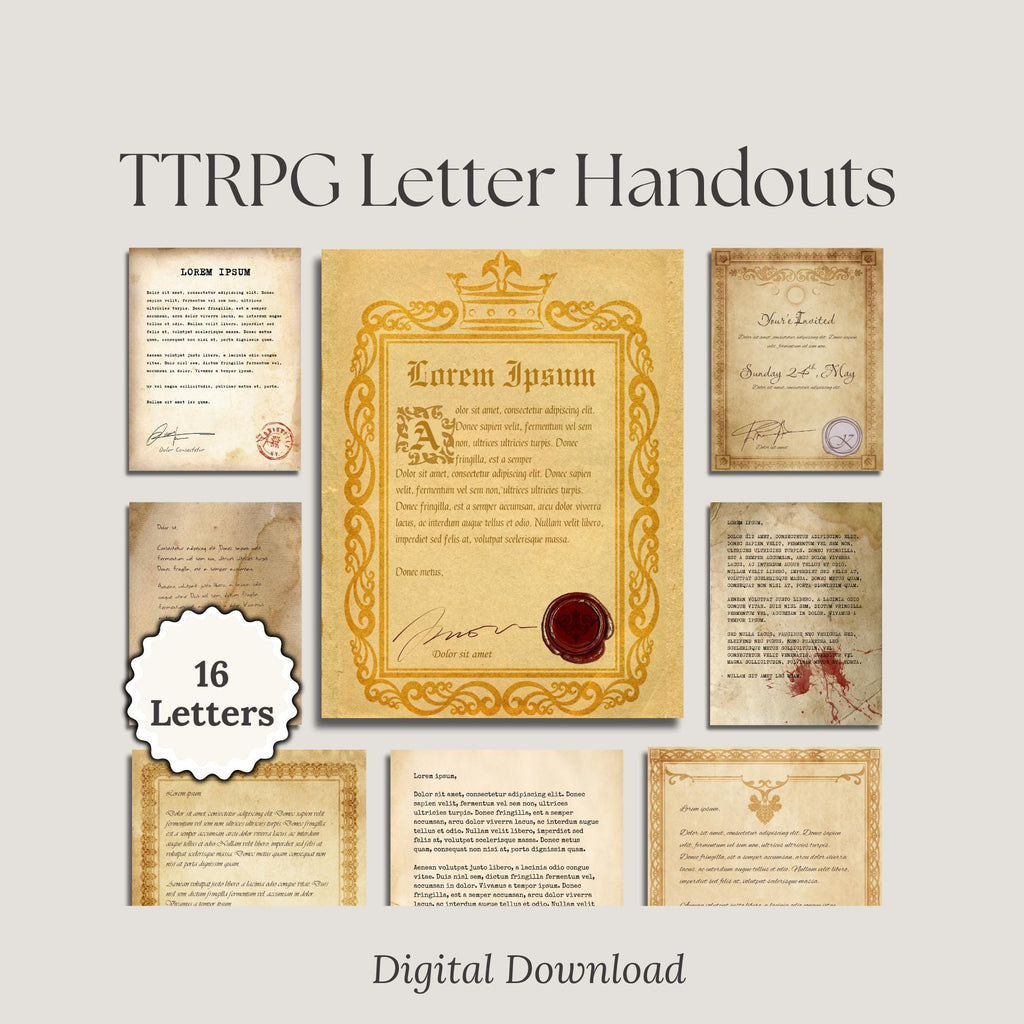 Collection of TTRPG letter handouts with decorative elements '16 letters' 'digital download'