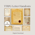 Collection of TTRPG letter handouts with decorative elements '16 letters' 'digital download'