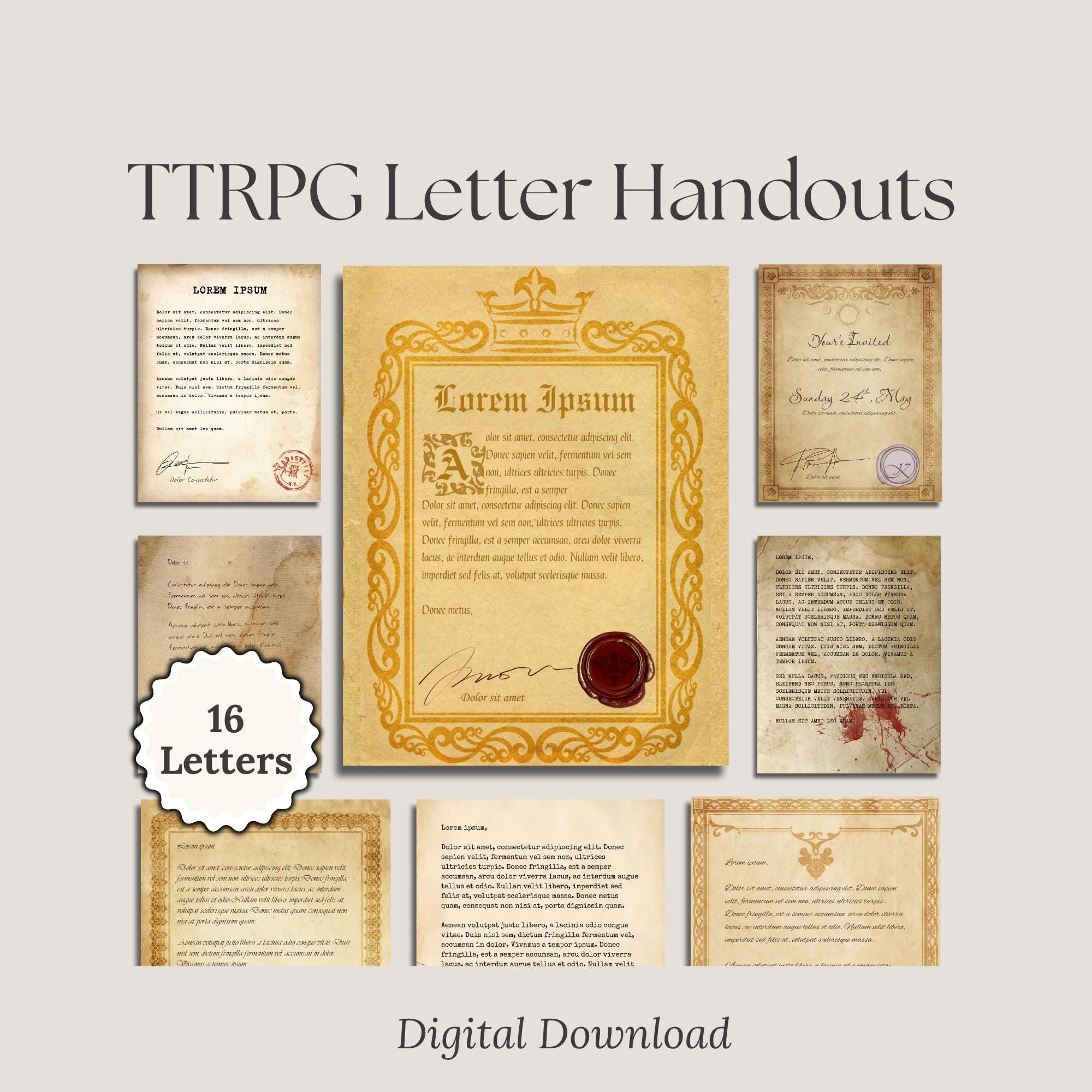 Collection of TTRPG letter handouts with decorative elements '16 letters' 'digital download'