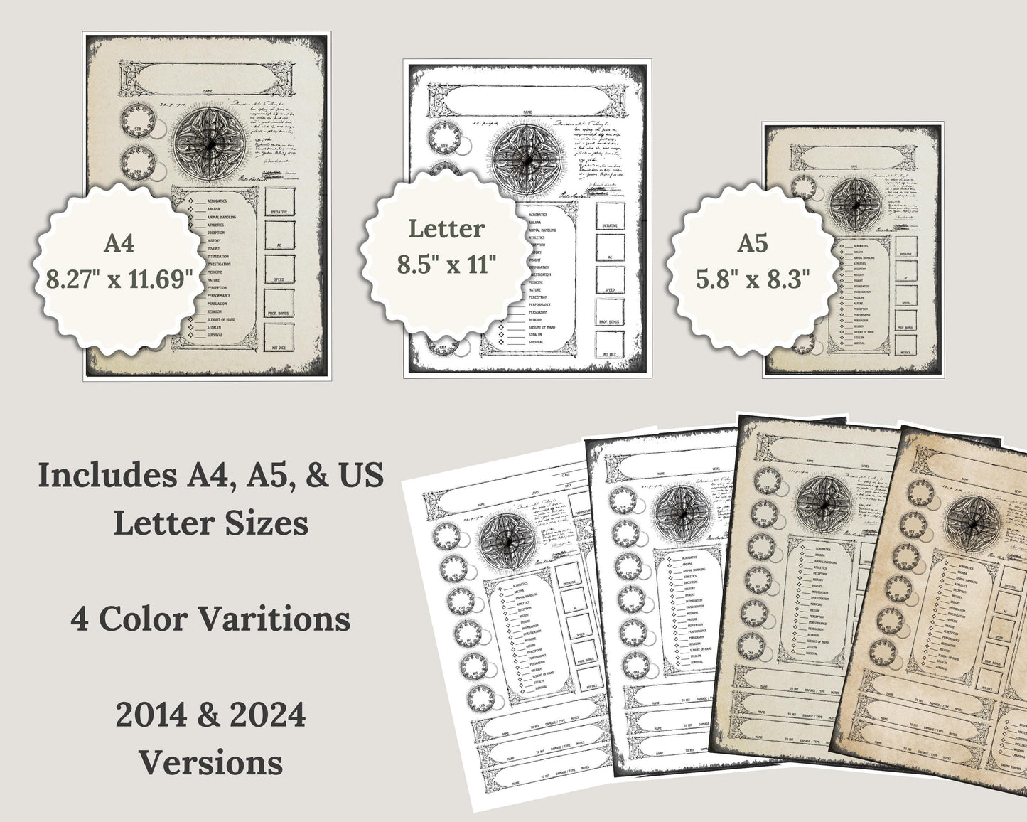 Set of printed dnd character sheets with text and graphics, including sizes A4, Letter, and A5