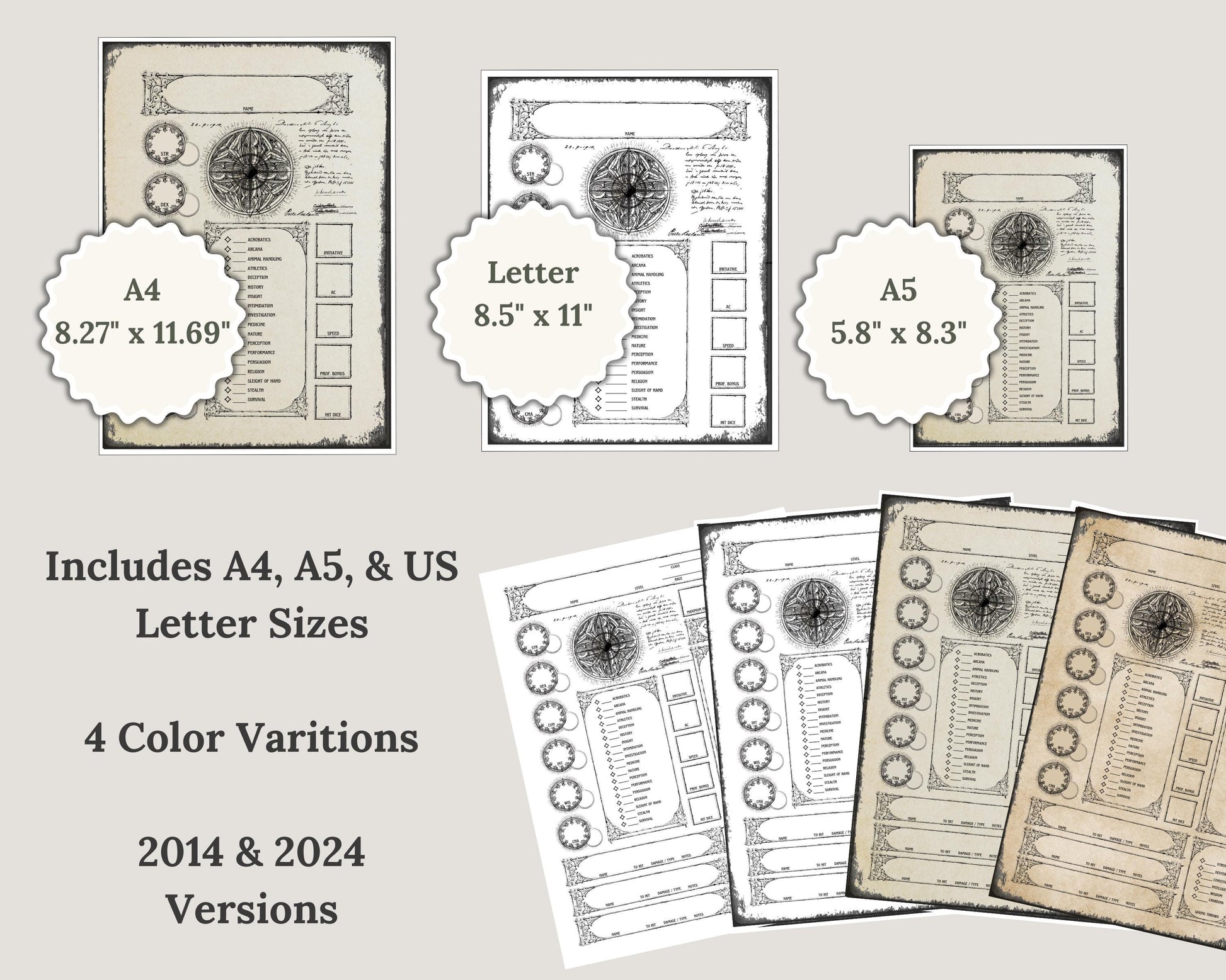 Set of printed dnd character sheets with text and graphics, including sizes A4, Letter, and A5