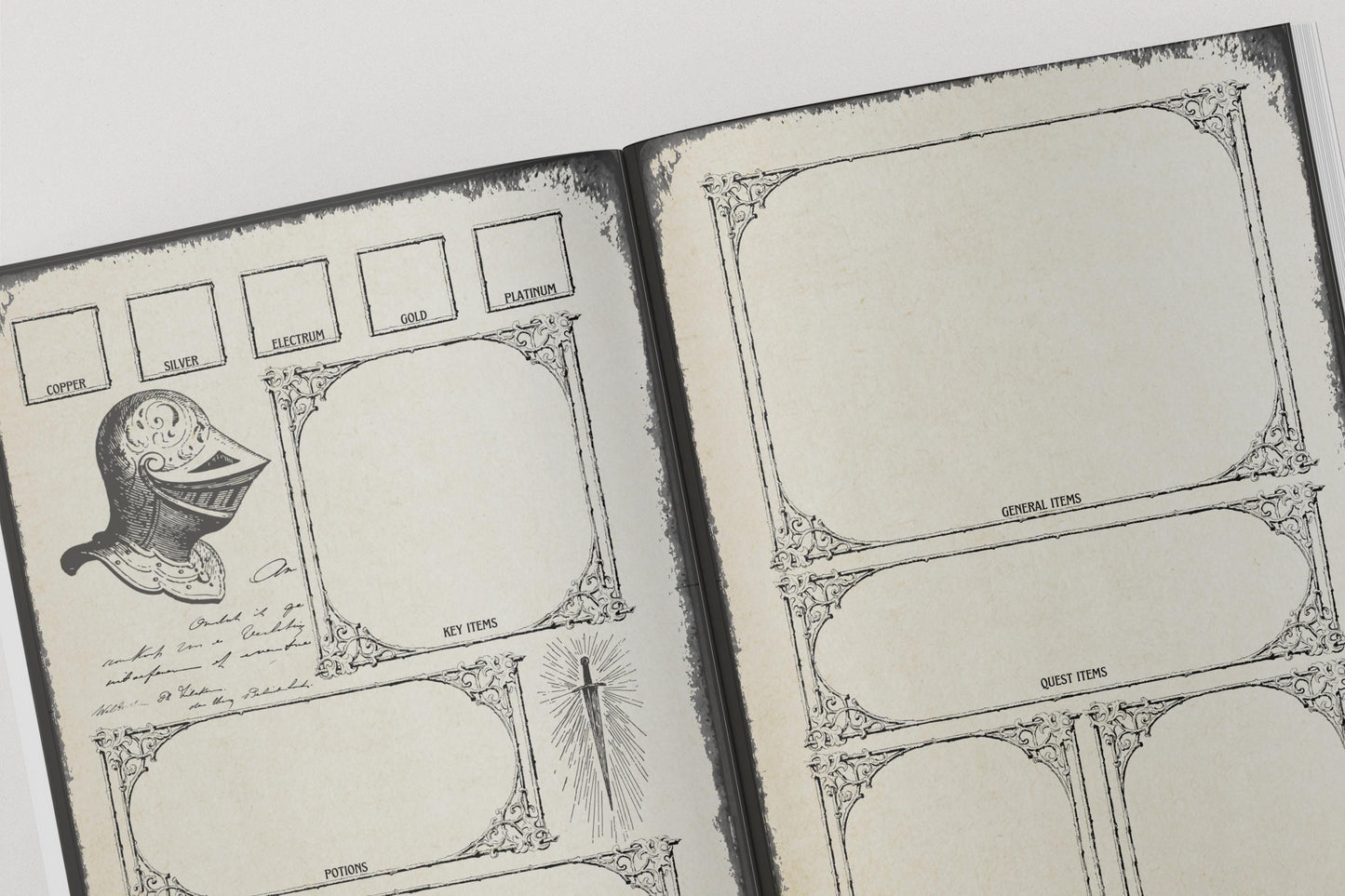 Open dungeons and dragons notebook with printed illustrations and sections for dnd inventory