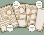 Pages included in Victorian Character sheets 'spells page', 'character stats', 'character details', and 'blank notes'