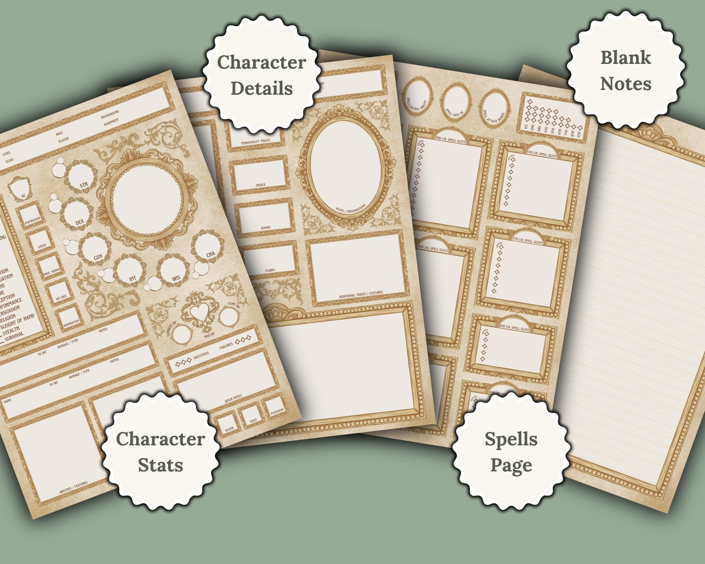 Pages included in Victorian Character sheets 'spells page', 'character stats', 'character details', and 'blank notes'
