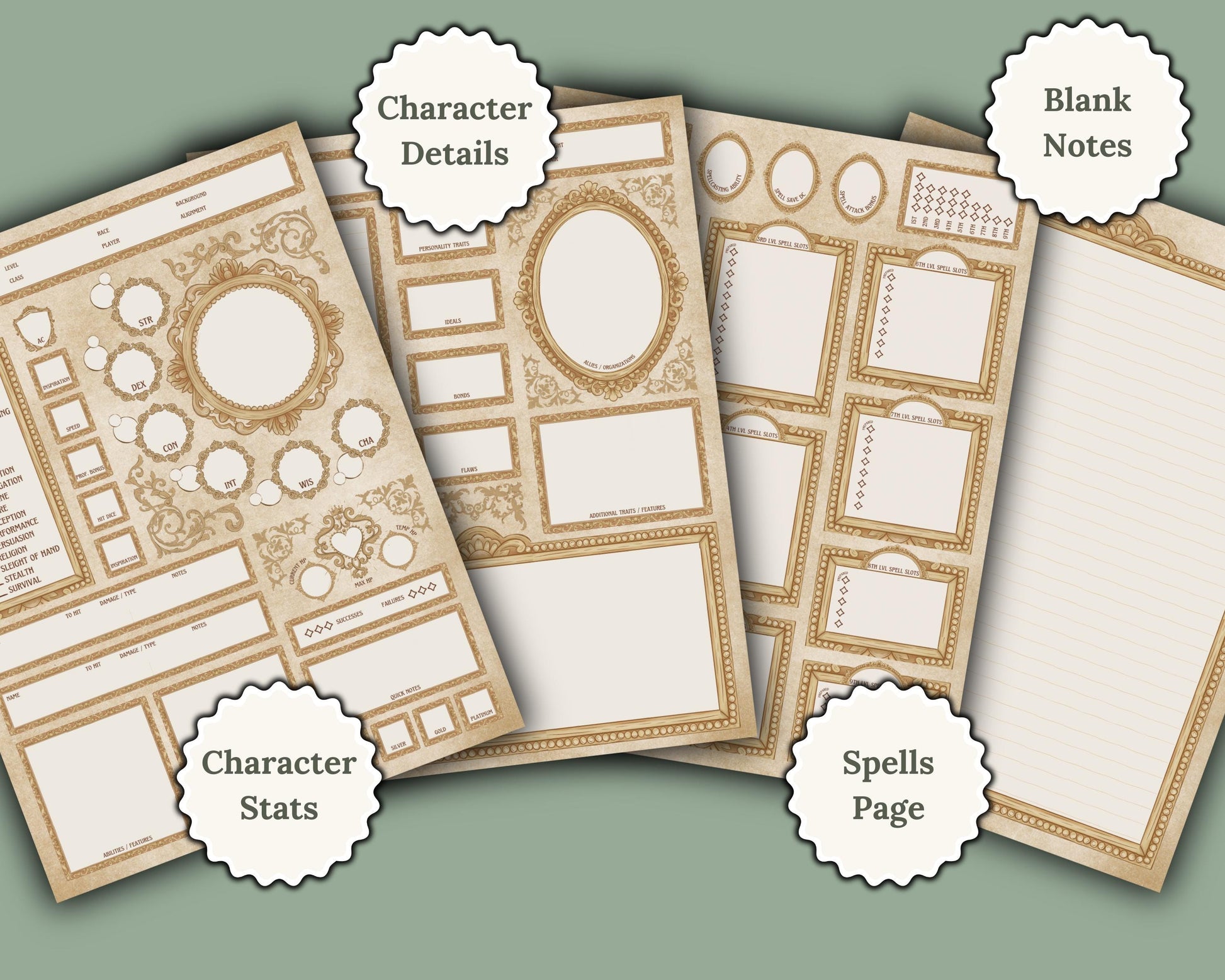 Pages included in Victorian Character sheets 'spells page', 'character stats', 'character details', and 'blank notes'
