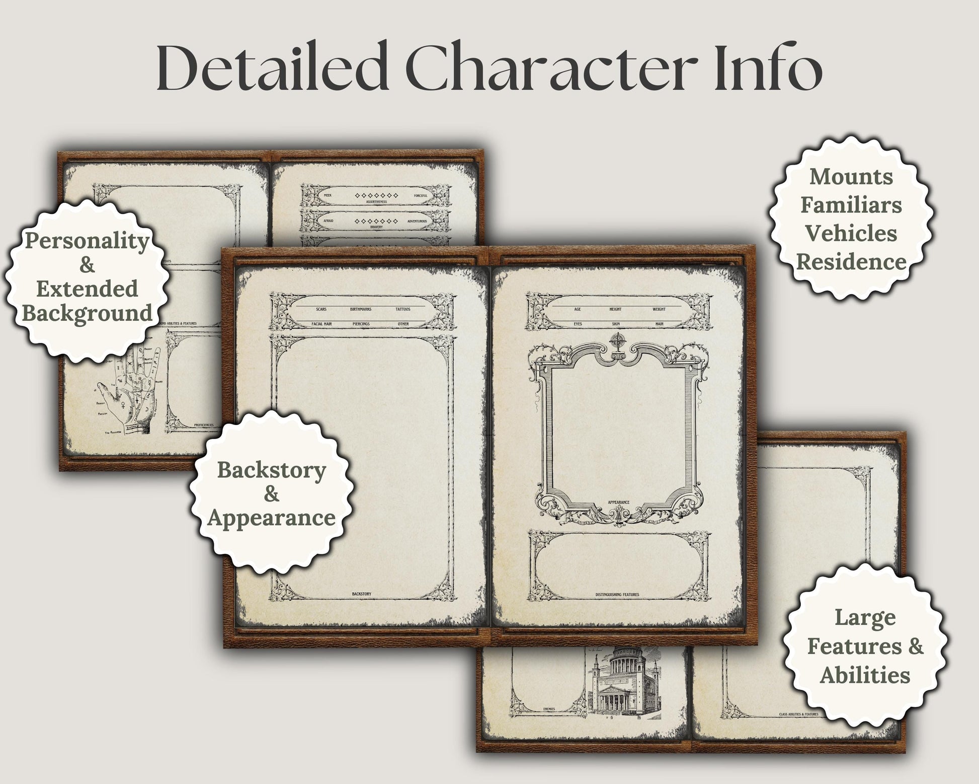 Set of dnd character sheets with various labeled sections 