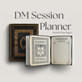 dnd DM Session Planner book with ornate cover and open pages