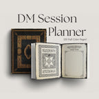 dnd DM Session Planner book with ornate cover and open pages