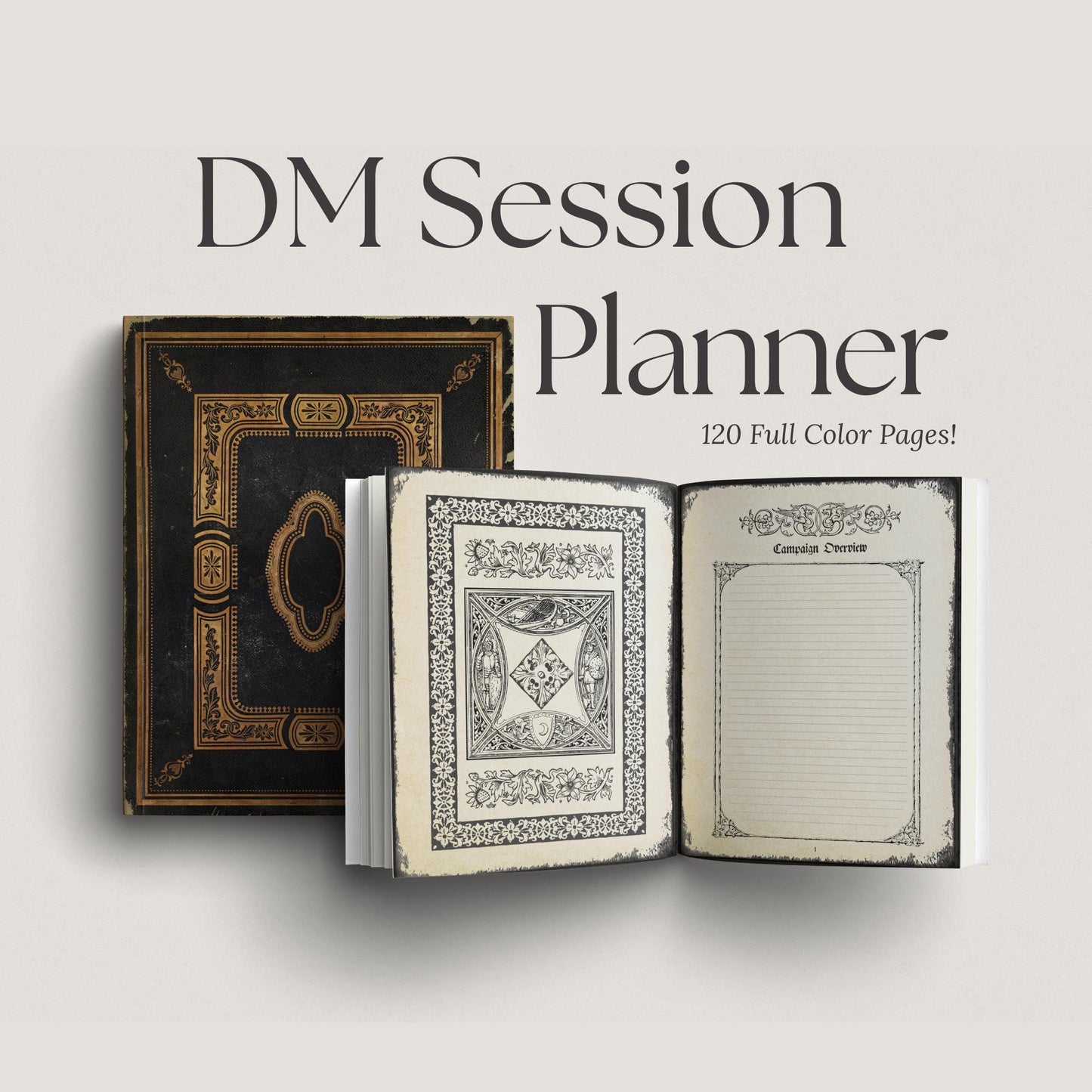 dnd DM Session Planner book with ornate cover and open pages