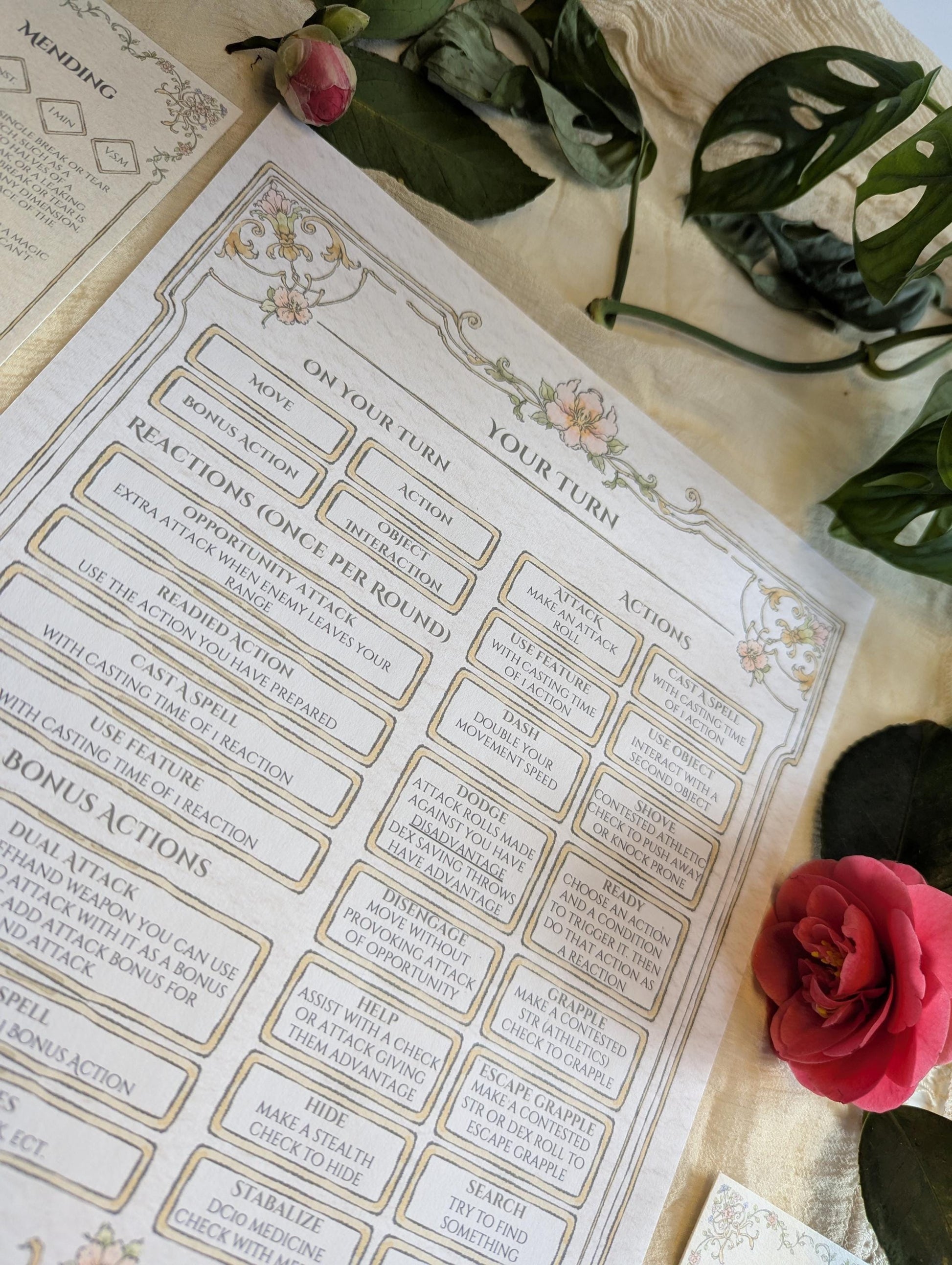 Game sheet with text and decorative elements on a surface with flowers