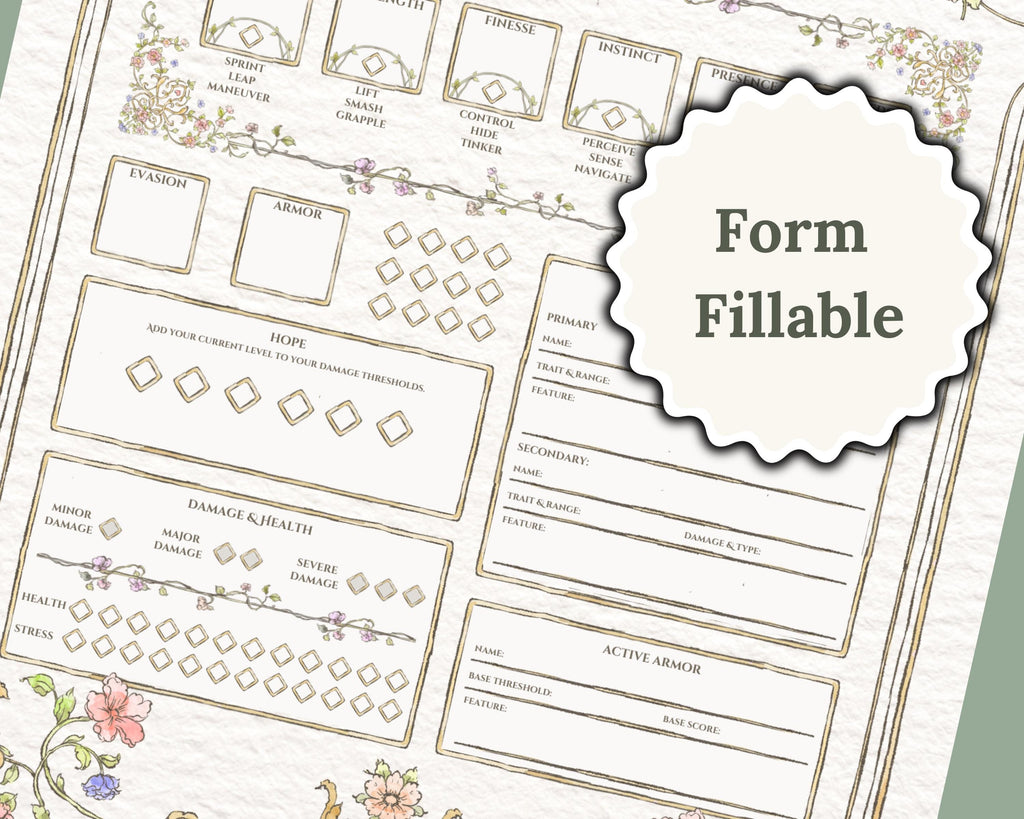 Close of of Daggerheart Character Sheet with form fillable' label