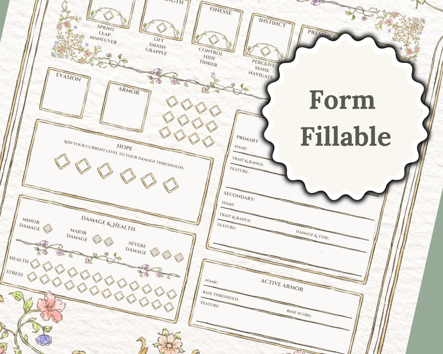 Close of of Daggerheart Character Sheet with form fillable' label