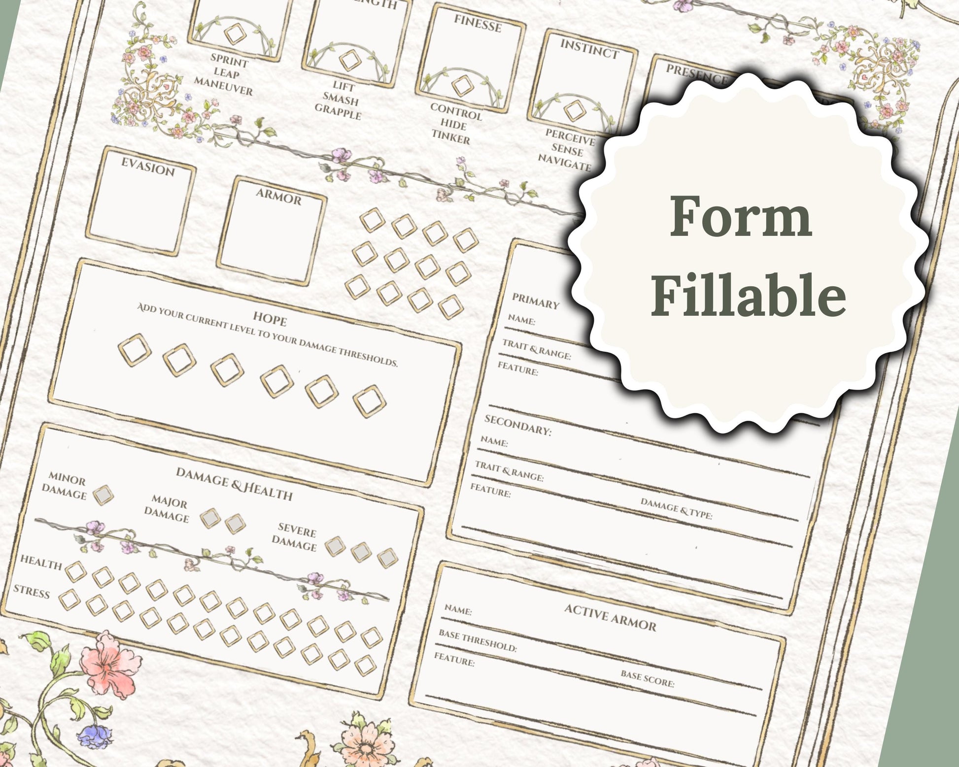 Close of of Daggerheart Character Sheet with form fillable' label