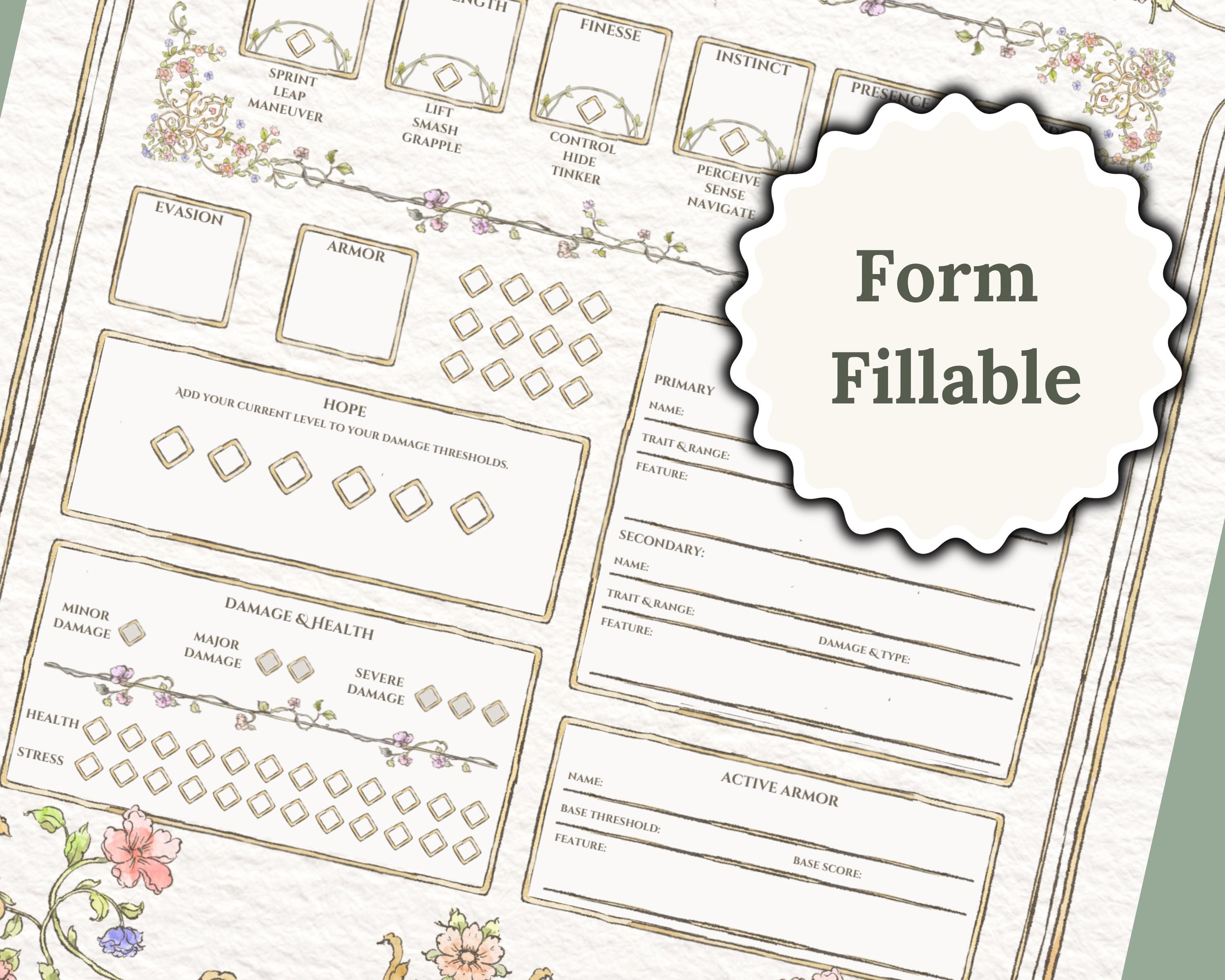 Close of of Daggerheart Character Sheet with form fillable' label