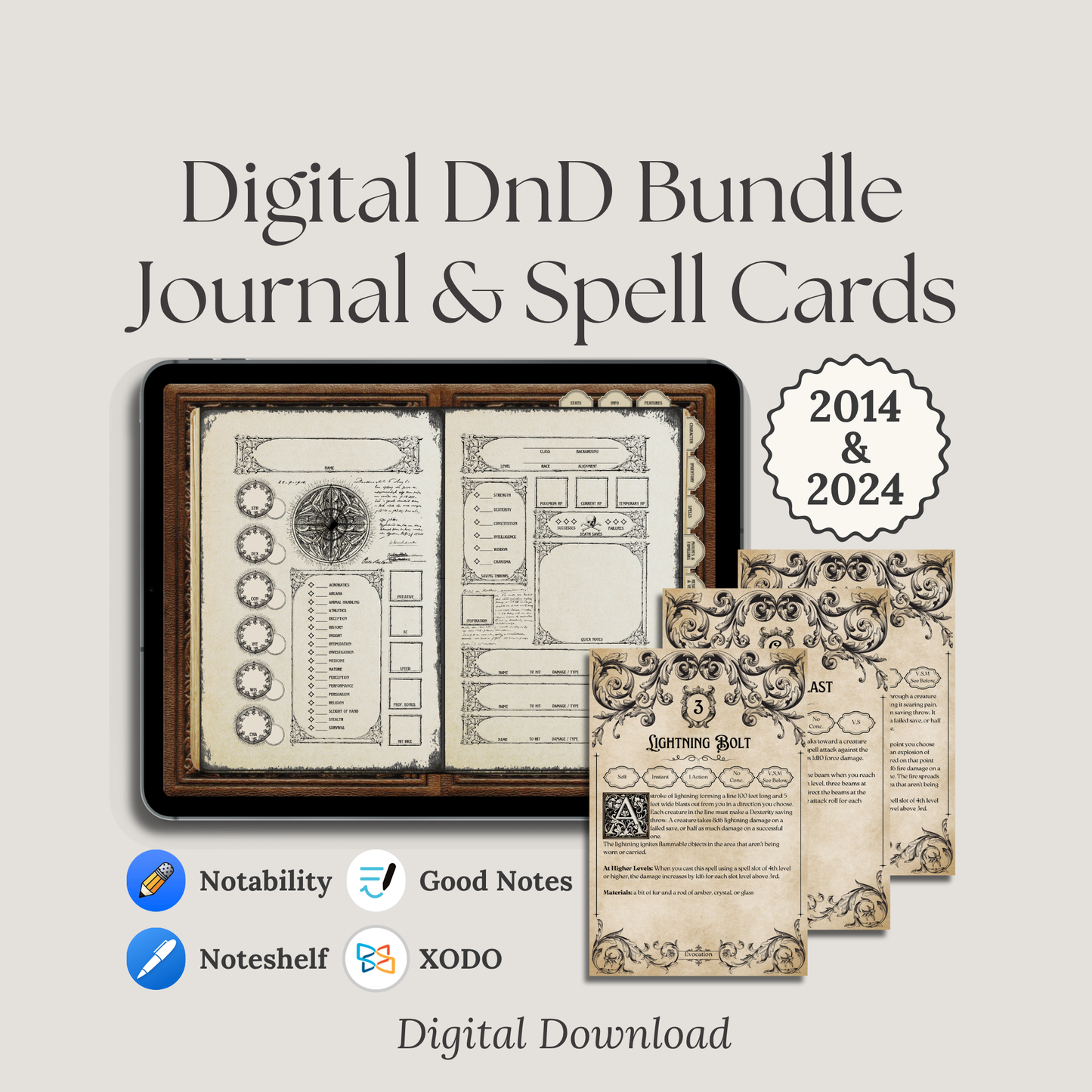Digital DnD Bundle with journal and spell cards for 2014 and 2024, featuring Notability, Good Notes, Notesshelf, and Xodo.