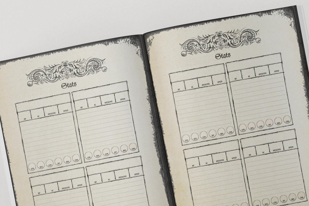 Two open pages of a dungeons & dragons notebook with decorative elements and stat blocks
