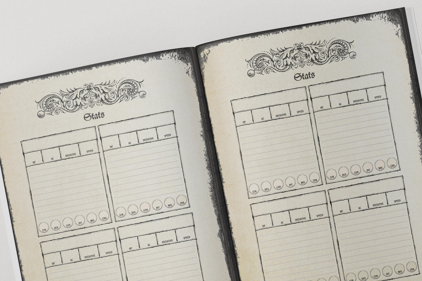 Two open pages of a dungeons & dragons notebook with decorative elements and stat blocks