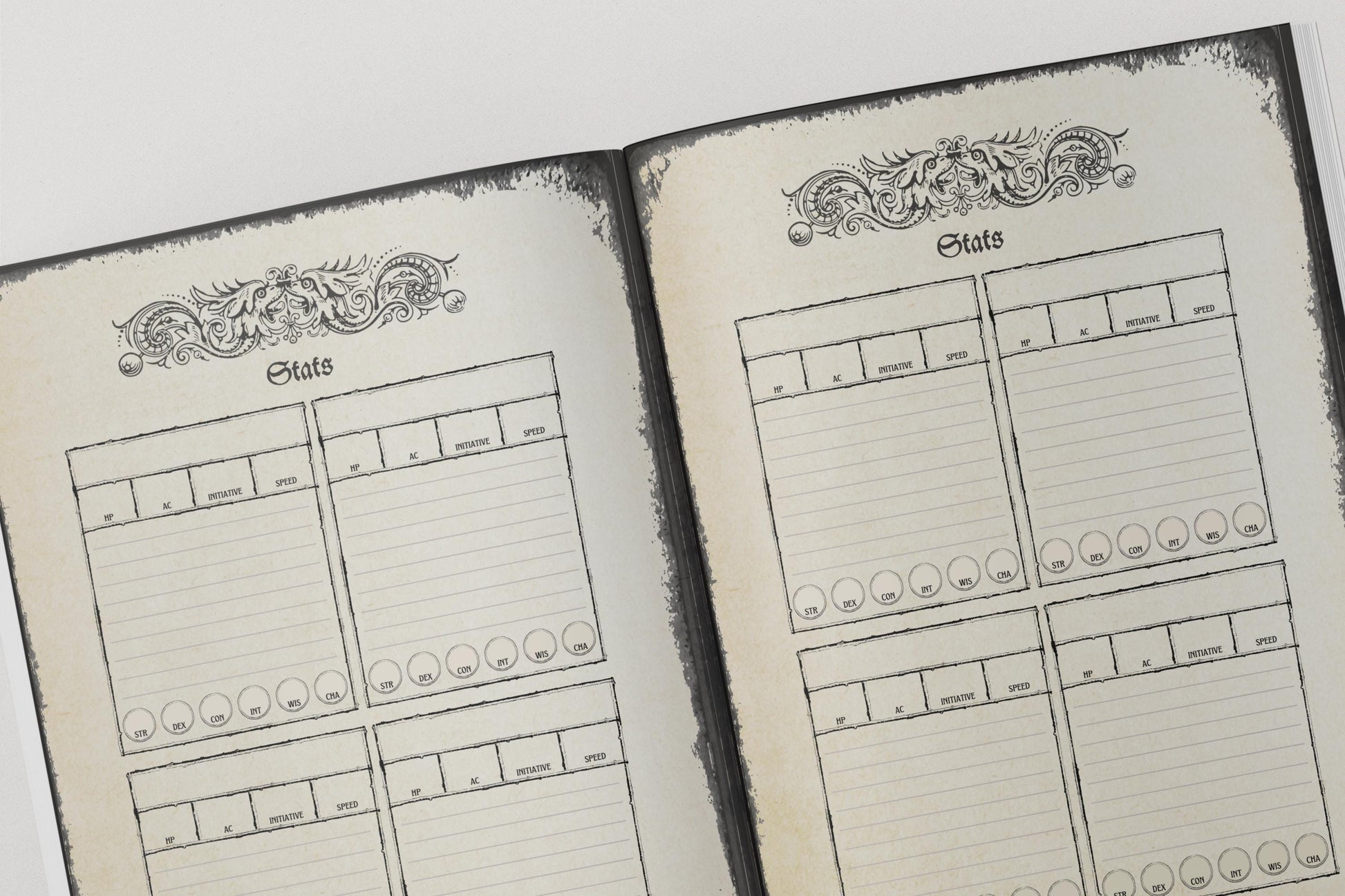 Two open pages of a dungeons & dragons notebook with decorative elements and stat blocks