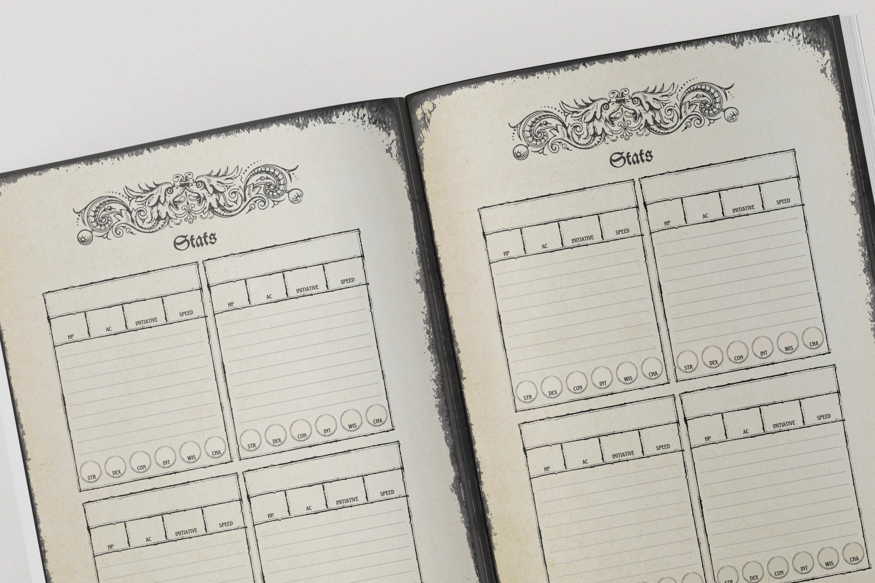 Two open pages of a dungeons & dragons notebook with decorative elements and stat blocks