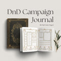 DnD Campaign Journal with open pages on a light gray background
