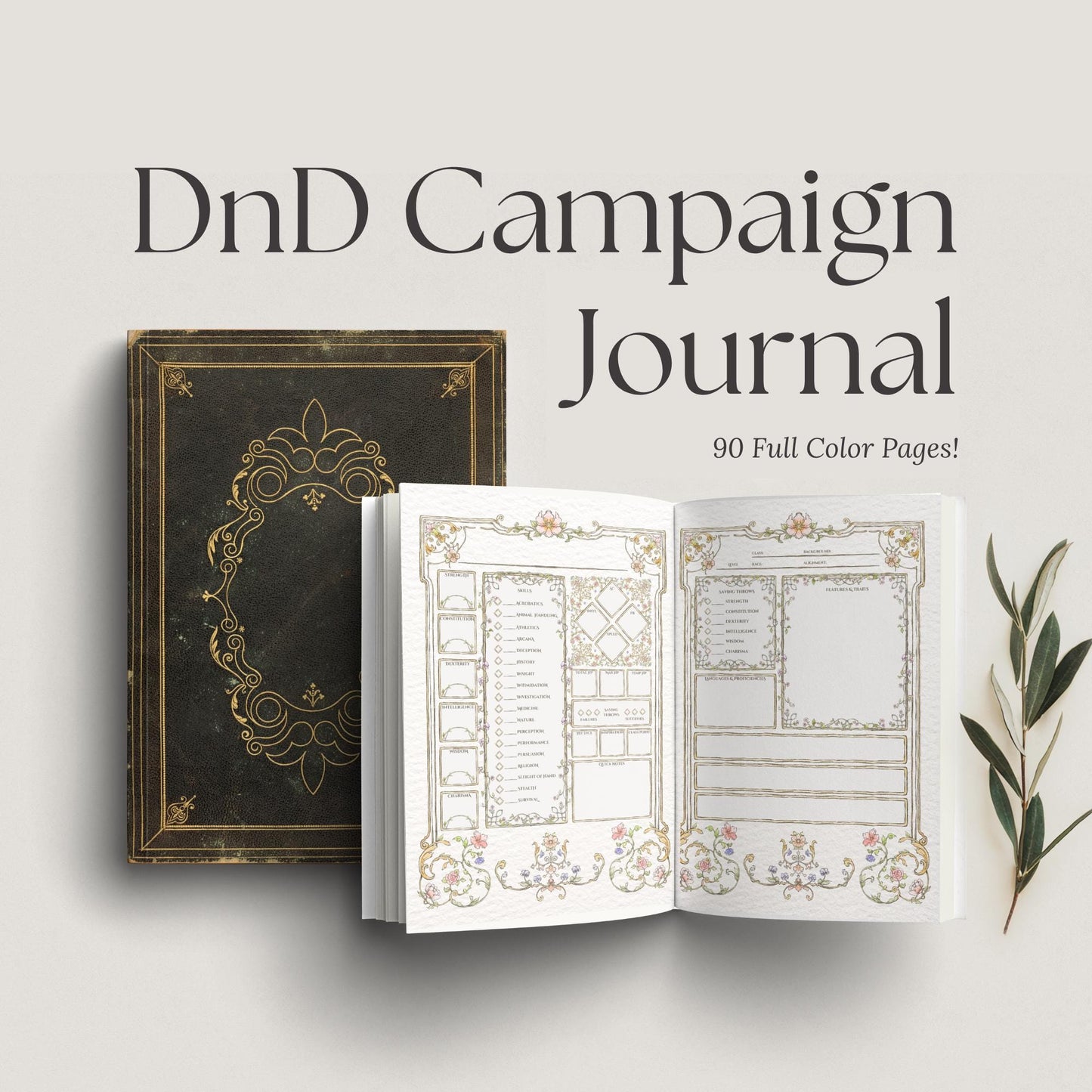 DnD Campaign Journal with open pages on a light gray background