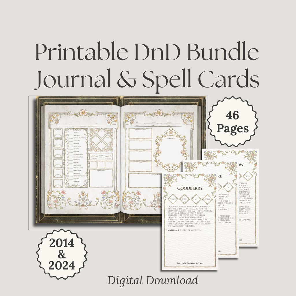 Printable DnD Bundle Journal & Spell Cards with 46 pages on a light gray background