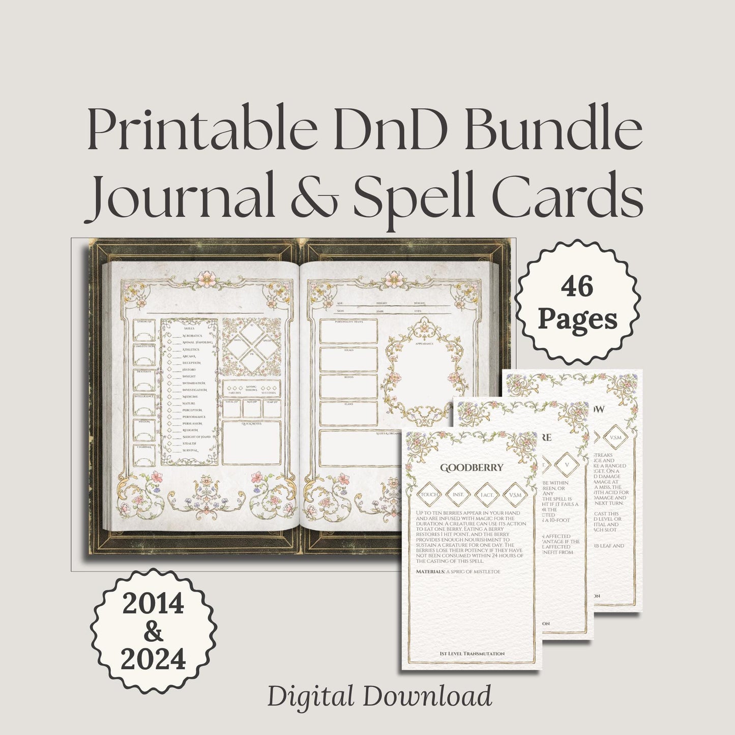 Printable DnD Bundle Journal & Spell Cards with 46 pages on a light gray background