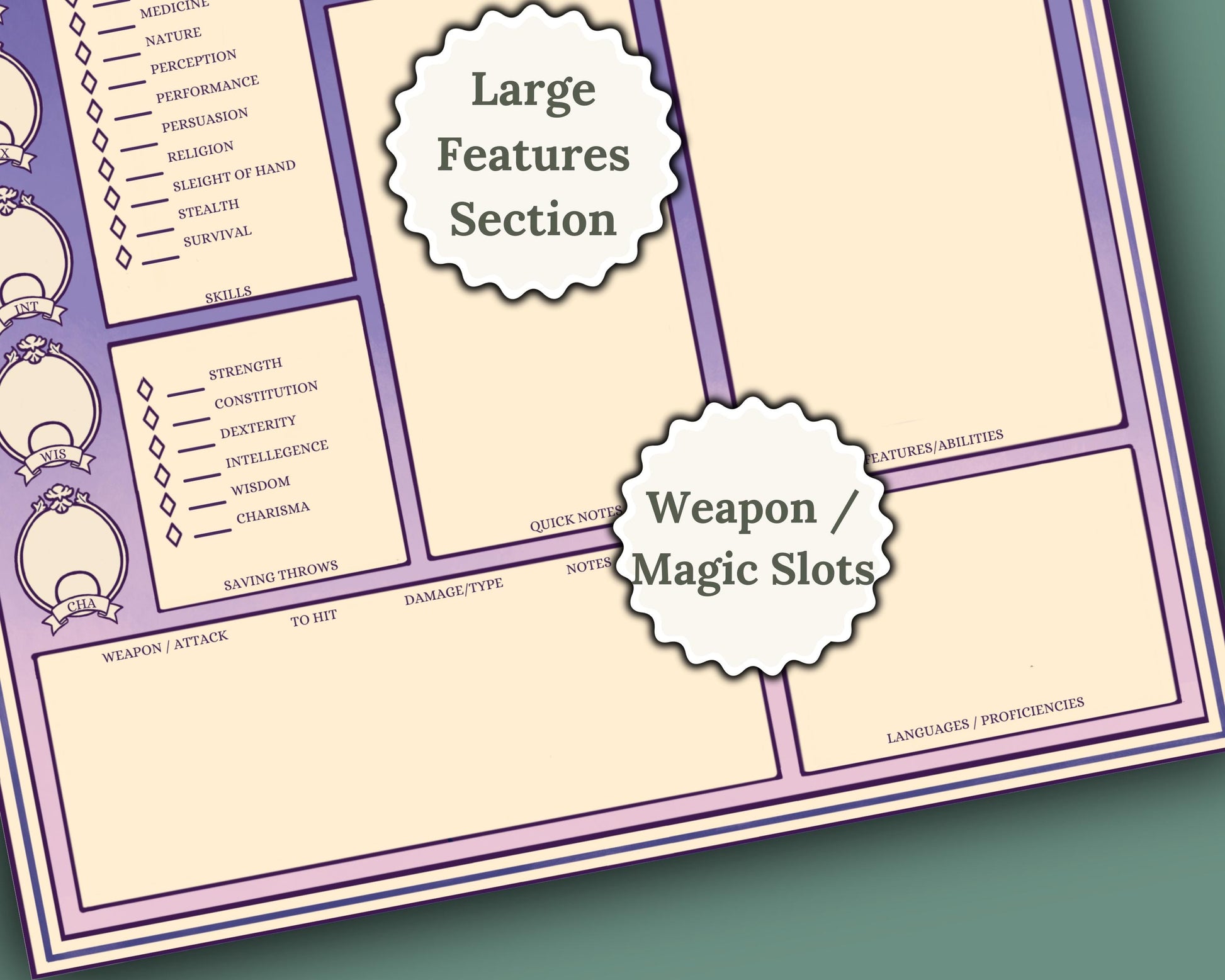 character sheet with 'Weapon/Magic Slots' and 'Large Features Section' labels
