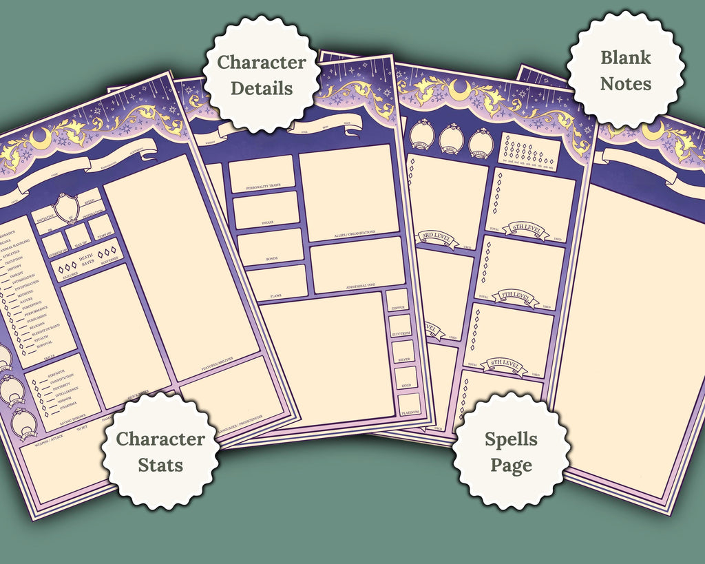 Dnd character sheets with various sections