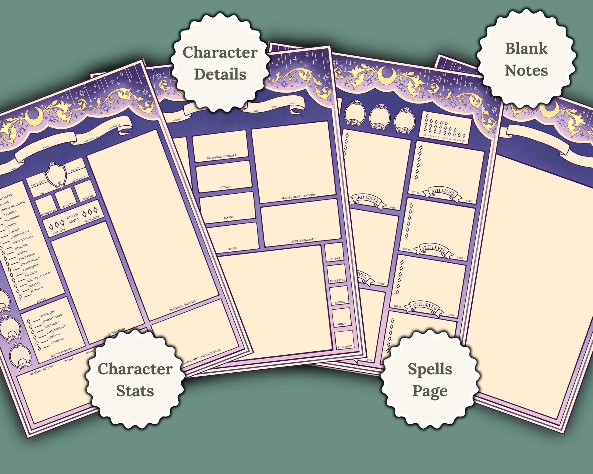 Dnd character sheets with various sections
