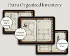 Set of dnd inventory pages with various labels of sections