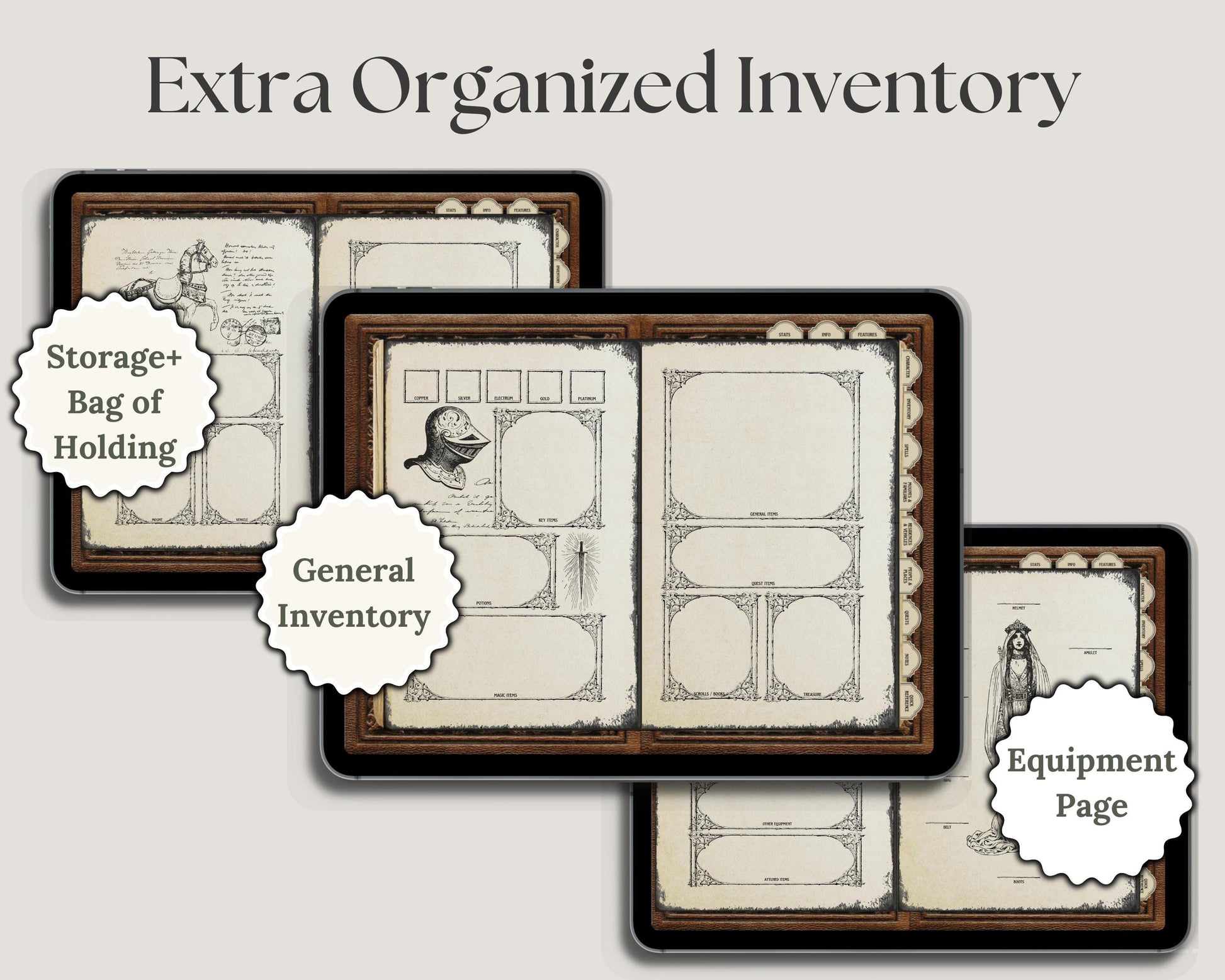 Set of dnd inventory pages with various labels of sections